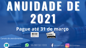 Read more about the article ANUIDADE 2021:  ATENÇÃO PARA ÚLTIMO VENCIMENTO.